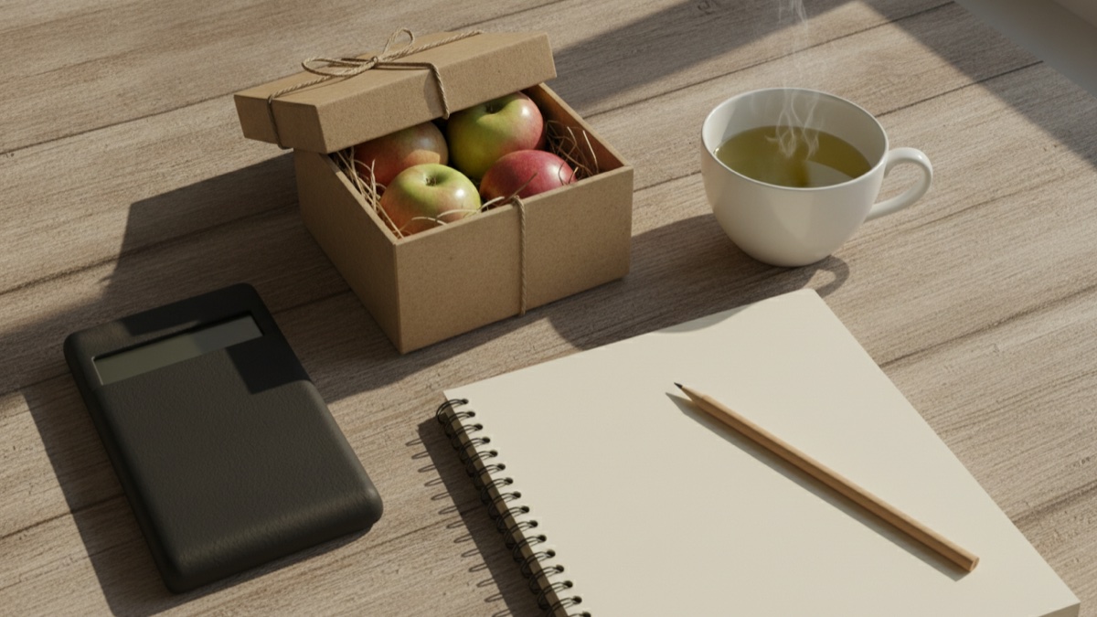 木の机に置かれたりんご入りの小さな段ボール箱、伏せた電卓、緑茶のカップ、白紙のノートと鉛筆