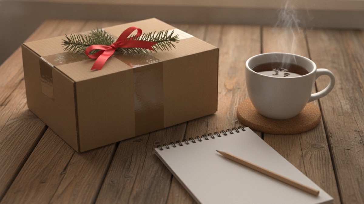 木の机に置かれた松の枝とリボン付きの段ボール箱、紅茶のカップ、白紙のメモ帳と鉛筆