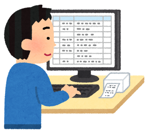 パソコンで蔵書を検索している男性のイラスト